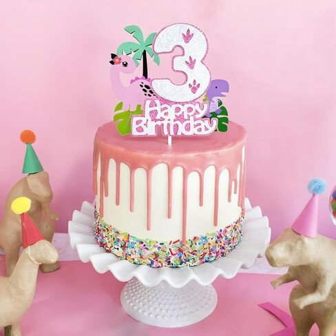 Pink Dinosaur Cake Topper Girl,3rd Birthday Dino Cake Topper 3, Tropical Theme Dinosaur Cake Decorations For Princess 3 Year Old Birthday Party Decorations in Saudi Arabia