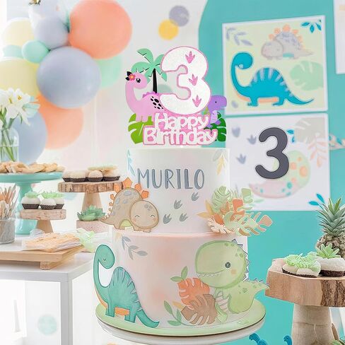 Pink Dinosaur Cake Topper Girl,3rd Birthday Dino Cake Topper 3, Tropical Theme Dinosaur Cake Decorations For Princess 3 Year Old Birthday Party Decorations in Saudi Arabia