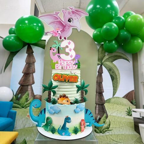 Pink Dinosaur Cake Topper Girl,3rd Birthday Dino Cake Topper 3, Tropical Theme Dinosaur Cake Decorations For Princess 3 Year Old Birthday Party Decorations in Saudi Arabia