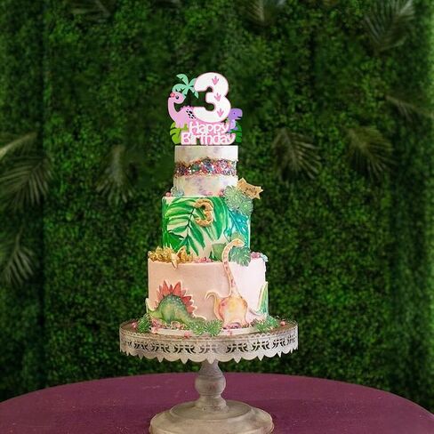 Pink Dinosaur Cake Topper Girl,3rd Birthday Dino Cake Topper 3, Tropical Theme Dinosaur Cake Decorations For Princess 3 Year Old Birthday Party Decorations in Saudi Arabia