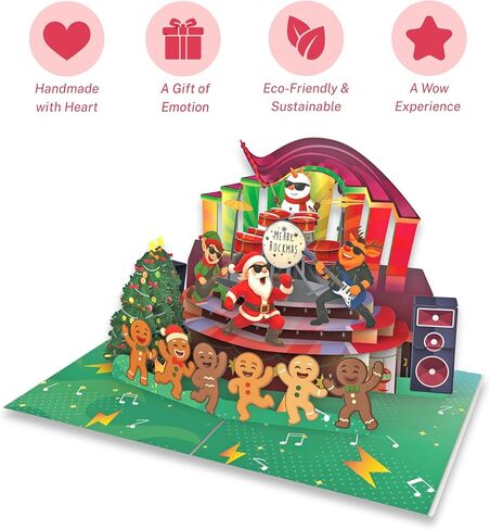 Rockin’ Santa 3D Pop Up Christmas Card - Santa Band with Dancing Gingerbread & Elves - 6"x8" Deluxe Holiday Card with Envelope & Message Note - Fun Christmas Gift for Music Lovers, Kids & Friends in Saudi Arabia