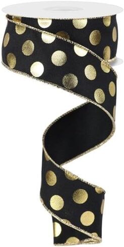 Metallic Polka Dots Wired Edge Ribbon, 1.5" x 10 Yards (Black, Gold) in Saudi Arabia