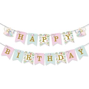 Tea Party Birthday Banner - Floral Tea Party Birthday Decorations Flower Wonderland Theme Party Supplies in Saudi Arabia