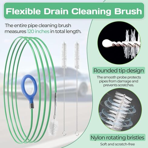 Auto Sun Roof Drain Cleaning Tool,120in Flexible Pipe Brush with 2Pcs Tube Cleaning Brushes for Automotive Sunroofs and Windshield Wiper Drain Holes (Green 120in) in Saudi Arabia