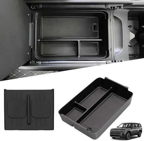 قطعتان من منظم وحدة التحكم المركزية لملحقات Hyundai Santa Fe 2025 2024 الداخلية - حصيرة شحن لاسلكية من السيليكون ووسادة حماية من السيليكون وصينية تنظيم وحدة التحكم المركزية وصندوق تخزين مسند الذراع، أسود in Kuwait