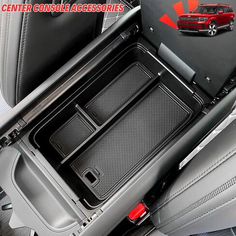 قطعتان من منظم وحدة التحكم المركزية لملحقات Hyundai Santa Fe 2025 2024 الداخلية - حصيرة شحن لاسلكية من السيليكون ووسادة حماية من السيليكون وصينية تنظيم وحدة التحكم المركزية وصندوق تخزين مسند الذراع، أسود in Kuwait