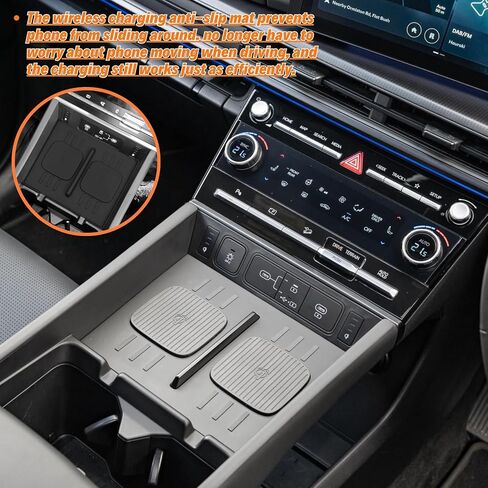 قطعتان من منظم وحدة التحكم المركزية لملحقات Hyundai Santa Fe 2025 2024 الداخلية - حصيرة شحن لاسلكية من السيليكون ووسادة حماية من السيليكون وصينية تنظيم وحدة التحكم المركزية وصندوق تخزين مسند الذراع، أسود in Kuwait