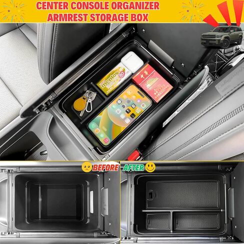 قطعتان من منظم وحدة التحكم المركزية لملحقات Hyundai Santa Fe 2025 2024 الداخلية - حصيرة شحن لاسلكية من السيليكون ووسادة حماية من السيليكون وصينية تنظيم وحدة التحكم المركزية وصندوق تخزين مسند الذراع، أسود in Kuwait