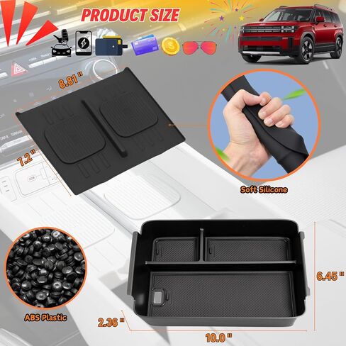 قطعتان من منظم وحدة التحكم المركزية لملحقات Hyundai Santa Fe 2025 2024 الداخلية - حصيرة شحن لاسلكية من السيليكون ووسادة حماية من السيليكون وصينية تنظيم وحدة التحكم المركزية وصندوق تخزين مسند الذراع، أسود in Kuwait