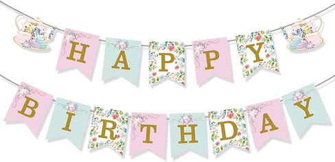 Tea Party Birthday Banner - Floral Tea Party Birthday Decorations Flower Wonderland Theme Party Supplies in Saudi Arabia