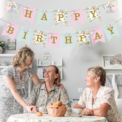 Tea Party Birthday Banner - Floral Tea Party Birthday Decorations Flower Wonderland Theme Party Supplies in Saudi Arabia