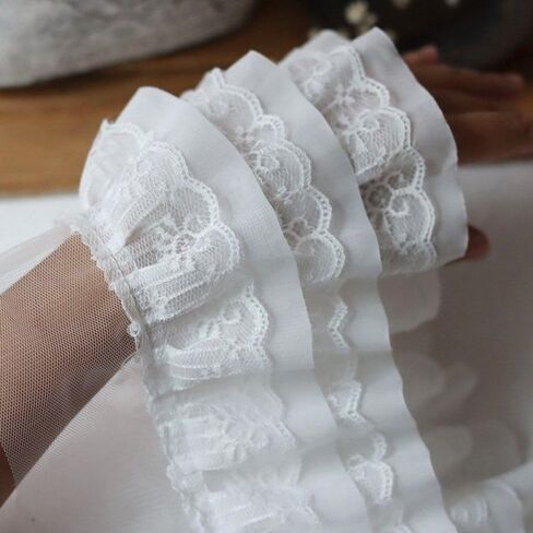 0.9m Tulle Lace Fabric Trim Ribbon Double-Layer Pleated Chiffon Lace Trim, Chiffon Jacquard Applique for DIY Sewing Crafts Pillowcase in Saudi Arabia