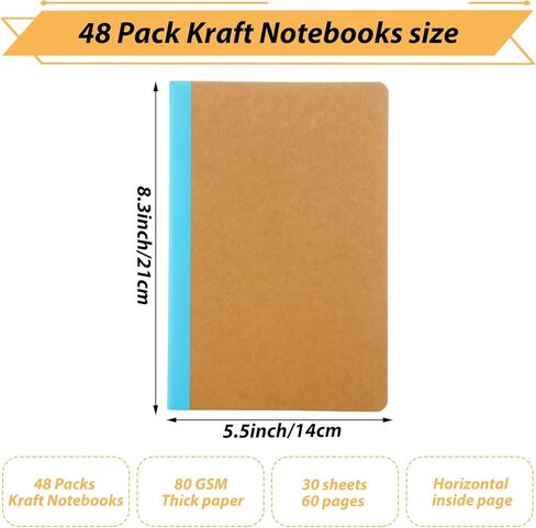 MIVIDE 50 Pack A5 Blank Kraft Notebooks, Bulk Pack 8.3" x 5.5" Notebooks 30 Sheets 60 Pages, Lined Travel Notebooks for Writing, Making Plans, School Office Supplies in Kuwait
