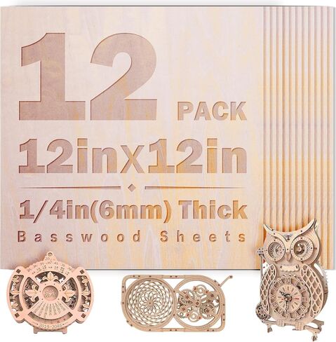 12 Pack Basswood Sheets 1/4 inch,12x12x1/4Iinch Plywood Sheets,6mm Basswood for Laser Cutting,Laser Engraving Blanks,Thin Natural Unfinished Wood for Crafts,Wood Burning (12pack-12x12 1/4(6mm) Thick) in Saudi Arabia