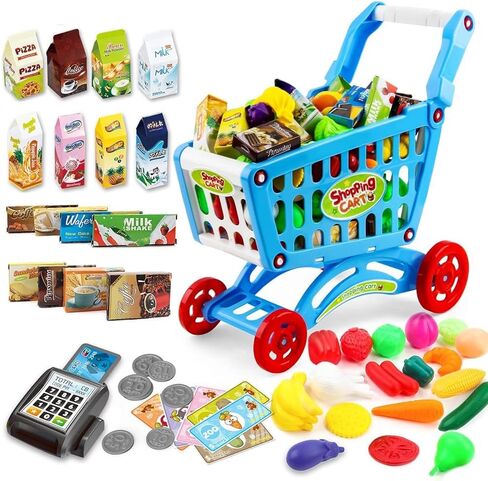 deAO Kids Shopping Cart Trolley for Groceries Toddlers 65 Food Fruit Vegetables Pretend Play Food Role Play Educational Toy Play Kitchen Toys Store Playset (Green) in Saudi Arabia