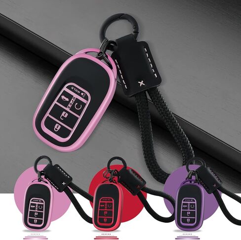 غطاء EnerCharge لمفتاح Honda Key fob مع سلسلة مفاتيح، واقي حافظة مفتاح السيارة TPU أسود متوافق مع 2022 2023 2024 Honda Accord Civic HR-V CR-V Pilot Smart Key Fob Case (أسود أرجواني) in Saudi Arabia