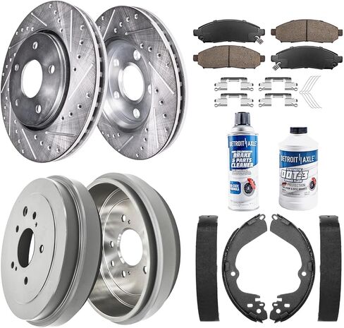 محور ديترويت - طقم فرامل 10 قطع لسيارة 2013-2018 Nissan NV200 2015-2018 شيفروليه سيتي إكسبريس، دوارات فرامل قرصية محفورة ومشقوقة أمامية، وسادات فرامل سيراميكية، أحذية الطبول الخلفية: دوارات 11.14 بوصة in Kuwait