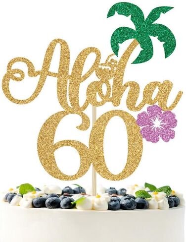 غلاف كعكة ألوها 60 ذهبي لامع، مرحبًا 60/هتاف إلى 60 عامًا/عيد ميلاد سعيد 60/ذكرى سنوية، ديكورات حفلات عيد الميلاد الستين بطابع هاواي الاستوائي in Kuwait