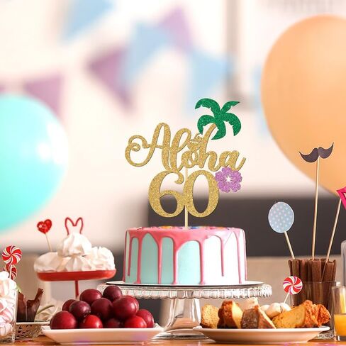 غلاف كعكة ألوها 60 ذهبي لامع، مرحبًا 60/هتاف إلى 60 عامًا/عيد ميلاد سعيد 60/ذكرى سنوية، ديكورات حفلات عيد الميلاد الستين بطابع هاواي الاستوائي in Kuwait