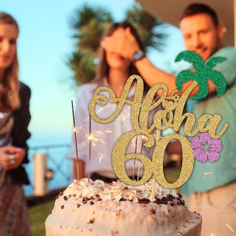 غلاف كعكة ألوها 60 ذهبي لامع، مرحبًا 60/هتاف إلى 60 عامًا/عيد ميلاد سعيد 60/ذكرى سنوية، ديكورات حفلات عيد الميلاد الستين بطابع هاواي الاستوائي in Kuwait