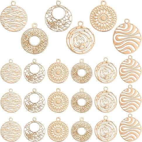 PH PandaHall 120pcs 6 Styles Brass Filigree Pendants, Flat Round Gold Charms Bulk Metal Pendants Hollow Metal Charms for DIY Bracelet Earring Necklace Jewelry Making in Saudi Arabia