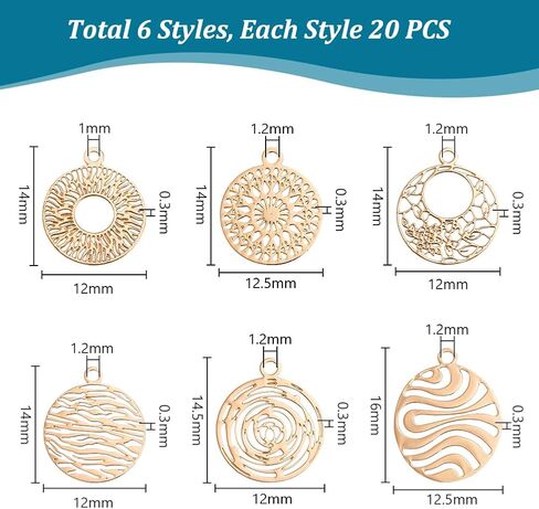 PH PandaHall 120pcs 6 Styles Brass Filigree Pendants, Flat Round Gold Charms Bulk Metal Pendants Hollow Metal Charms for DIY Bracelet Earring Necklace Jewelry Making in Saudi Arabia