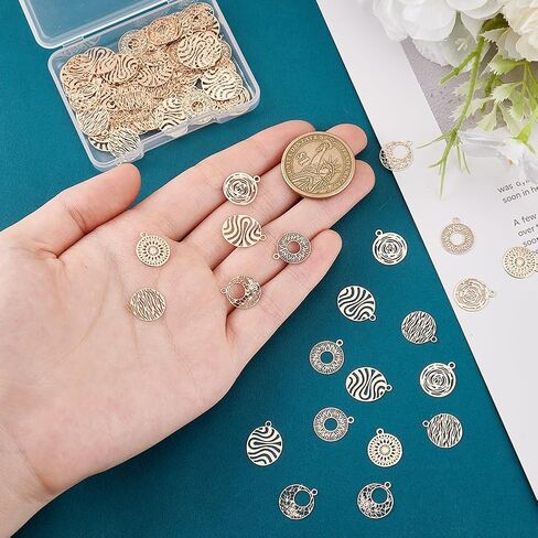 PH PandaHall 120pcs 6 Styles Brass Filigree Pendants, Flat Round Gold Charms Bulk Metal Pendants Hollow Metal Charms for DIY Bracelet Earring Necklace Jewelry Making in Saudi Arabia