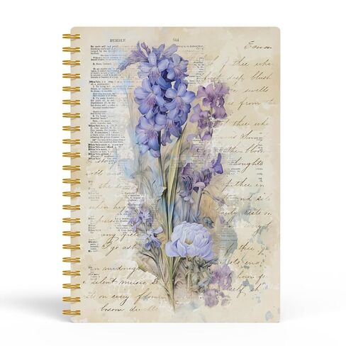 EKGJW Vintage Floral Iris Spiral Notebook - Botanical Purple Flower Journal with Script Background, Aesthetic Cottagecore Journal 5.5x8.3, Elegant Gifts for Women in Saudi Arabia