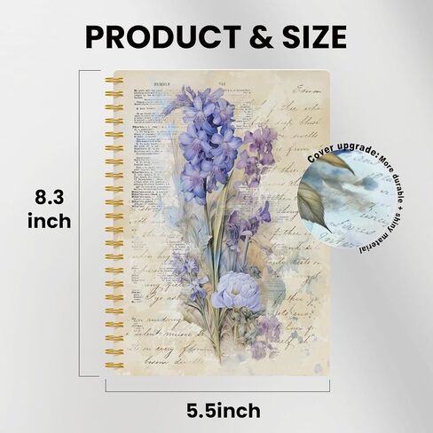 EKGJW Vintage Floral Iris Spiral Notebook - Botanical Purple Flower Journal with Script Background, Aesthetic Cottagecore Journal 5.5x8.3, Elegant Gifts for Women in Saudi Arabia