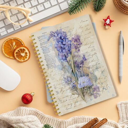EKGJW Vintage Floral Iris Spiral Notebook - Botanical Purple Flower Journal with Script Background, Aesthetic Cottagecore Journal 5.5x8.3, Elegant Gifts for Women in Saudi Arabia