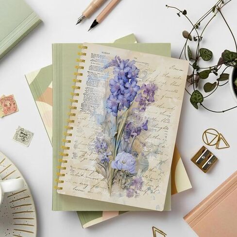 EKGJW Vintage Floral Iris Spiral Notebook - Botanical Purple Flower Journal with Script Background, Aesthetic Cottagecore Journal 5.5x8.3, Elegant Gifts for Women in Saudi Arabia