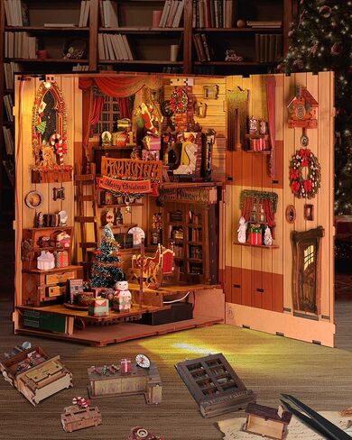 DIY Book Nook Kits Booknook,3D Wooden Puzzle Miniature Wooden Dollhouse Kit-DIY Book Nook Kit Crafts Bookshelf Insert Decor-Bookends Model Building Kit-Creativity Kit with LED Light for Adult Teen in Kuwait