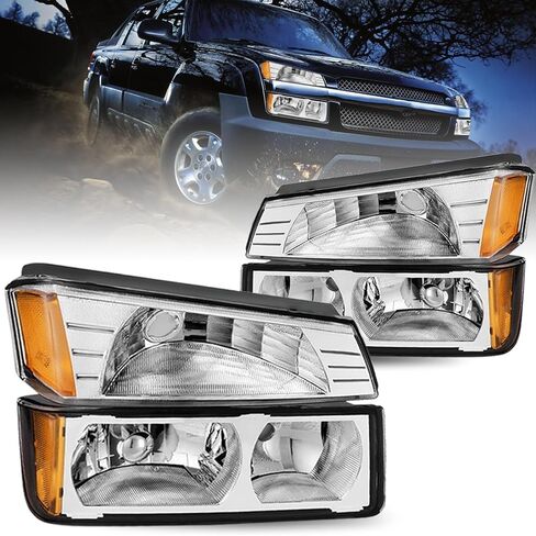SOCKIR 4PCS Headlight Assembly Compatible with 2002-2006 Chevy Avalanche Body Cladding Model Headlights+Bumper Lights Set Chrome Housing & Amber Reflector in Saudi Arabia