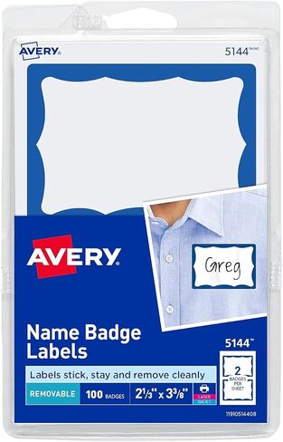 ملصقات شارة الاسم مطبوعة أو مكتوبة على حواف زرقاء من Avery مقاس 2.34 × 3.37 بوصة، عبوة من 100 قطعة (5144) in Saudi Arabia