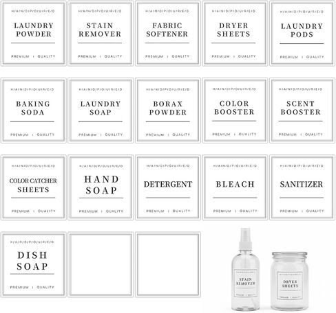 Laundry Labels 18 Pcs Waterproof Laundry Room Labels for Jars, Bathroom Label for Organizing Pray Bottles and Detergent Dispensers, Preprinted Room Organization Label Set in Kuwait