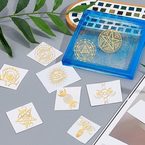 9pcs 1.6x1.6 inch Tarot Theme Stickers Self Adhesive Metal Stickers Witch Symbols Divination Stickers Golden Epoxy Stickers for DIY Scrapbooks Epoxy Resin Art Crafts Water Bottle Decor in Saudi Arabia