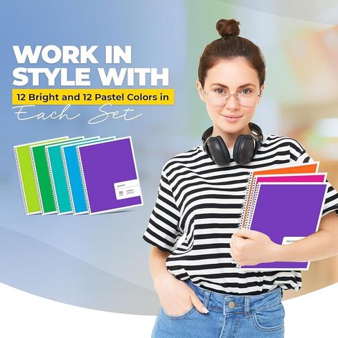 دفتر ملاحظات حلزوني واسع النطاق - 24 لونًا (12 لونًا ساطعًا و12 لونًا باستيل متضمنًا) حزمة كبيرة من دفتر الملاحظات الحلزوني مقاس 10.5 بوصة × 8 بوصة - 70 ورقة - صفحات مثقوبة in Kuwait