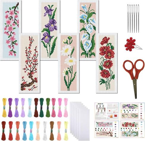 FREEBLOSS 6 Set Cross Stitch Bookmark Kit 6-Colored Flowers Pattern Stamped Cross Stitch Kit 11CT Embroidery Kits with Instructions for Beginners Adult 20x6cm/8x2.4inch in Saudi Arabia