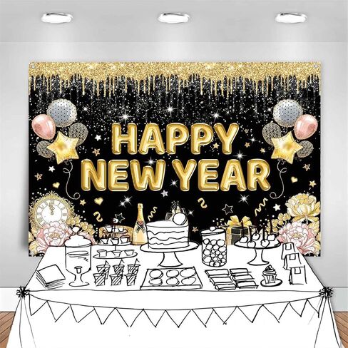 Happy New Year Banner Backdrop for New Years Decorations 2026 Large Black and Gold New Years Eve Banner Happy New Year Party Supplies Photo Background Wall Decor 5x3ft in Saudi Arabia