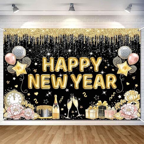 Happy New Year Banner Backdrop for New Years Decorations 2026 Large Black and Gold New Years Eve Banner Happy New Year Party Supplies Photo Background Wall Decor 5x3ft in Saudi Arabia