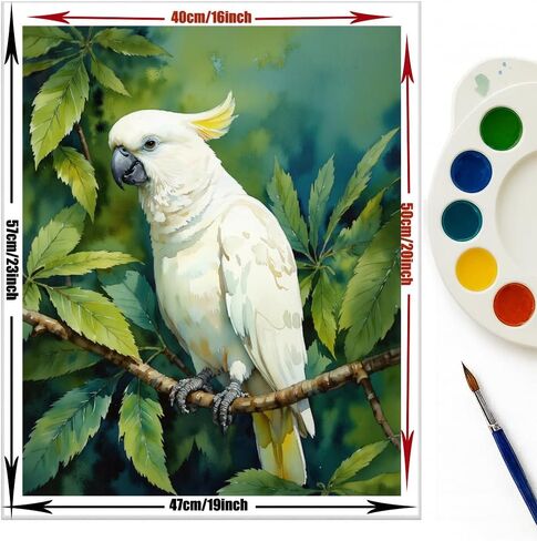 طلاء EnLvYY بالأرقام للبالغين 16 × 20 بوصة، مجموعة طلاء أكريليك DIY، كوكاتو أبيض على فرع بأوراق خضراء، مجموعة فنية للمبتدئين غير مؤطرة، هدية لمحبي الطيور in Kuwait