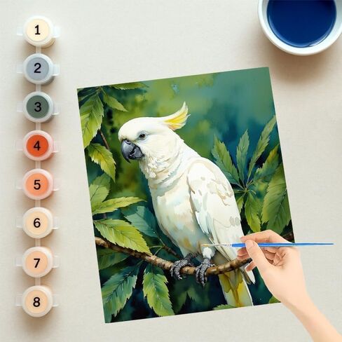 طلاء EnLvYY بالأرقام للبالغين 16 × 20 بوصة، مجموعة طلاء أكريليك DIY، كوكاتو أبيض على فرع بأوراق خضراء، مجموعة فنية للمبتدئين غير مؤطرة، هدية لمحبي الطيور in Kuwait