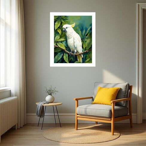 طلاء EnLvYY بالأرقام للبالغين 16 × 20 بوصة، مجموعة طلاء أكريليك DIY، كوكاتو أبيض على فرع بأوراق خضراء، مجموعة فنية للمبتدئين غير مؤطرة، هدية لمحبي الطيور in Kuwait