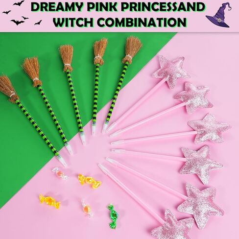 24 قطعة من أقلام الساحر للحفلات، نجمة الأميرة الوردية وأقلام مكنسة الساحرة الخضراء، هدايا بطابع المعالج لوازم الحفلات للأميرات والفتيات والنساء وديكورات عيد الهالوين in Kuwait
