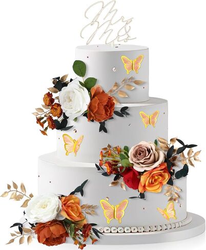 Leinuosen 14 Pcs Wedding Cake Flowers Set Include 3 Burnt Orange Flowers for Cake Decorating 1 Wood Mr & Mrs Toppers 10 Butterfly Decoration Cakes Topper for Wedding Anniversary Birthday Party Decor in Saudi Arabia