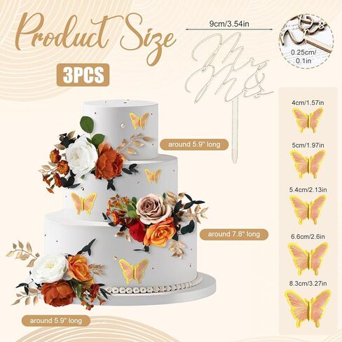 Leinuosen 14 Pcs Wedding Cake Flowers Set Include 3 Burnt Orange Flowers for Cake Decorating 1 Wood Mr & Mrs Toppers 10 Butterfly Decoration Cakes Topper for Wedding Anniversary Birthday Party Decor in Saudi Arabia