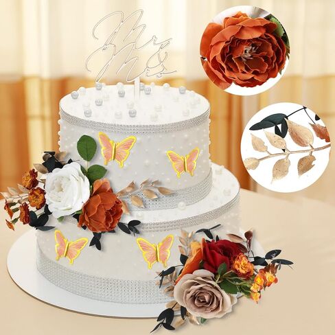 Leinuosen 14 Pcs Wedding Cake Flowers Set Include 3 Burnt Orange Flowers for Cake Decorating 1 Wood Mr & Mrs Toppers 10 Butterfly Decoration Cakes Topper for Wedding Anniversary Birthday Party Decor in Saudi Arabia