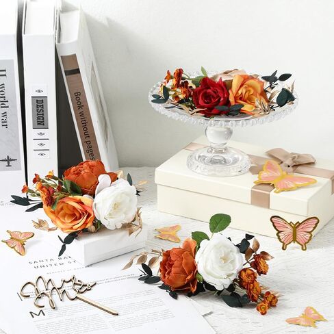 Leinuosen 14 Pcs Wedding Cake Flowers Set Include 3 Burnt Orange Flowers for Cake Decorating 1 Wood Mr & Mrs Toppers 10 Butterfly Decoration Cakes Topper for Wedding Anniversary Birthday Party Decor in Saudi Arabia