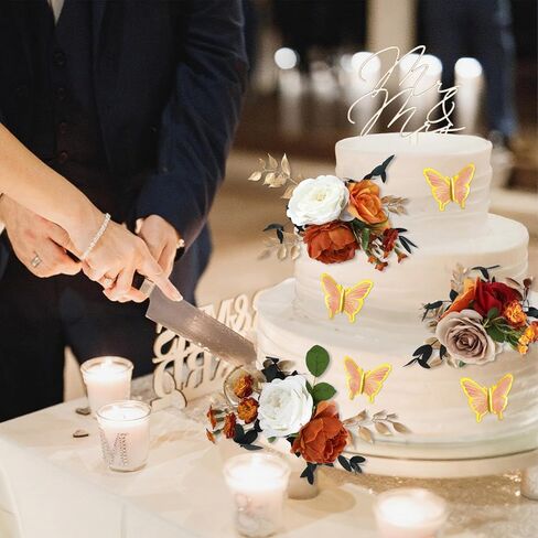 Leinuosen 14 Pcs Wedding Cake Flowers Set Include 3 Burnt Orange Flowers for Cake Decorating 1 Wood Mr & Mrs Toppers 10 Butterfly Decoration Cakes Topper for Wedding Anniversary Birthday Party Decor in Saudi Arabia