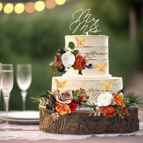 Leinuosen 14 Pcs Wedding Cake Flowers Set Include 3 Burnt Orange Flowers for Cake Decorating 1 Wood Mr & Mrs Toppers 10 Butterfly Decoration Cakes Topper for Wedding Anniversary Birthday Party Decor in Saudi Arabia